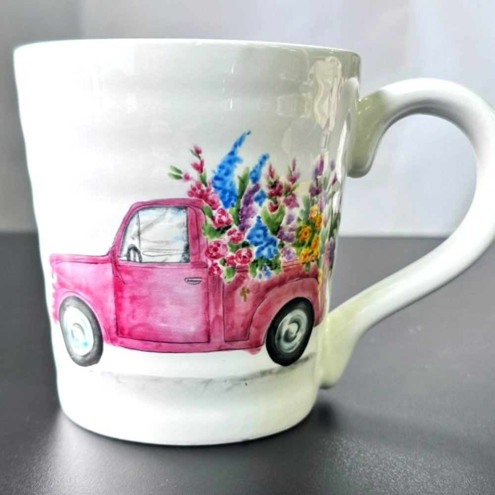 Maxcera Coffee Cup, Ceramic Mug w/Red Pick Up Truck and Colorful Flowers